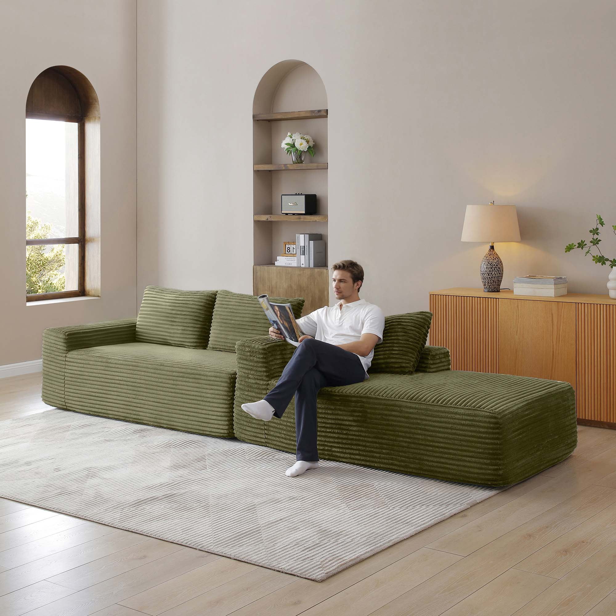 Miniyam 97" Deep Seat Sectional, Modular L-Shape Sofa with Chaise, No Assembly, Corduroy (Right Facing Chaise, Green)
