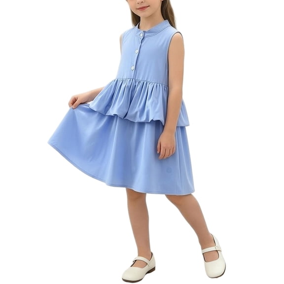Cethrio Summer Dresses for Girl 2026, Gifts Casual Crew Neck Sleeveless Kids Midi Dresses Blue Size 6-7 T
