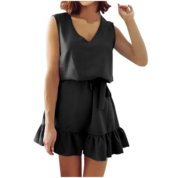 Bigersell Sleeveless Mini Dress Fashion Women Summer Casual V-Neck Bandage Solid Sleeveless Mini Dress Women Bodycon Dress Style 24731, Female Maxi Dresses Black S