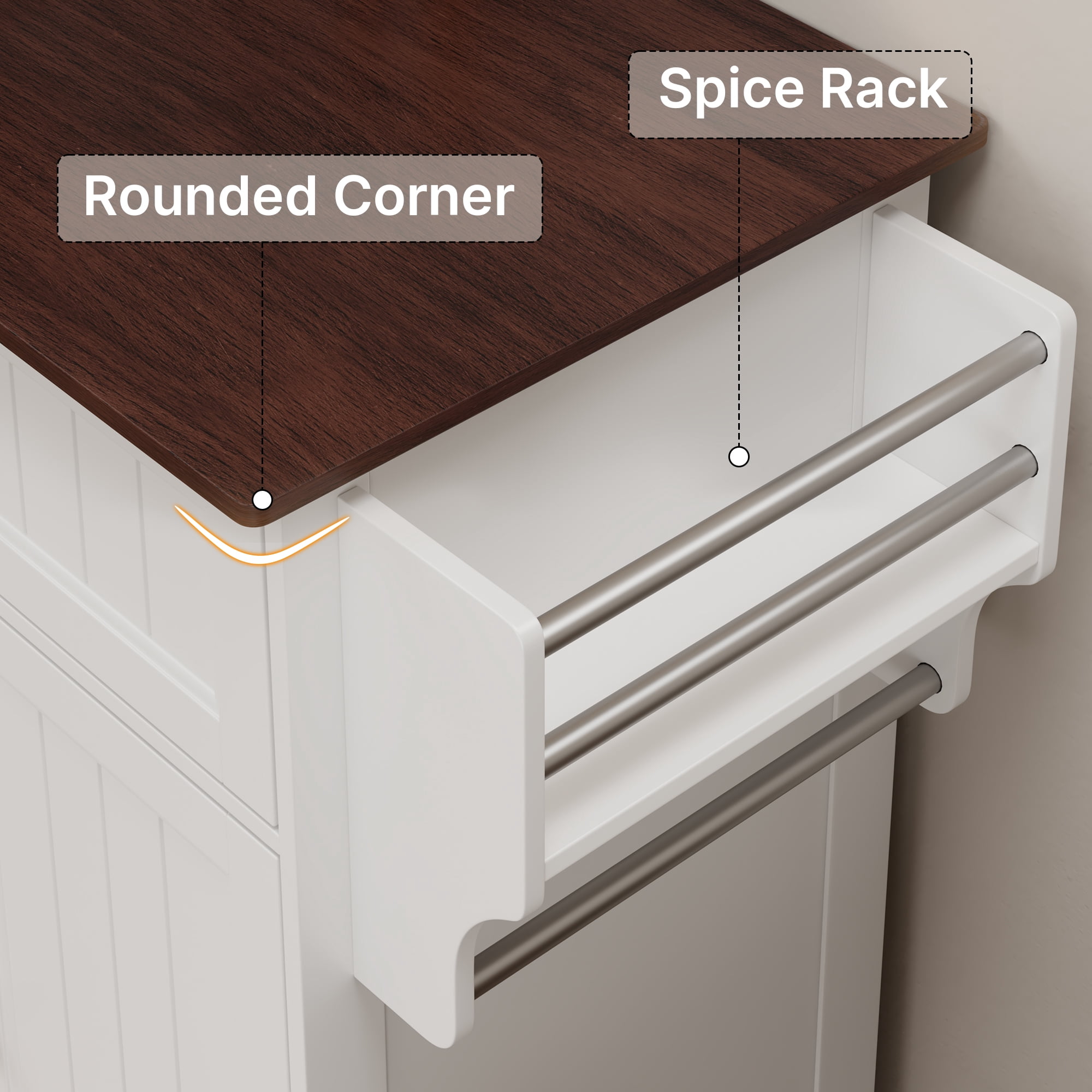 Kitchen Island Cart with Storage, Lofka Microwave Stand with Spice Rack, Towel Rack, Adjustable Shelf, 1 Drawer, White+Retro Desktop