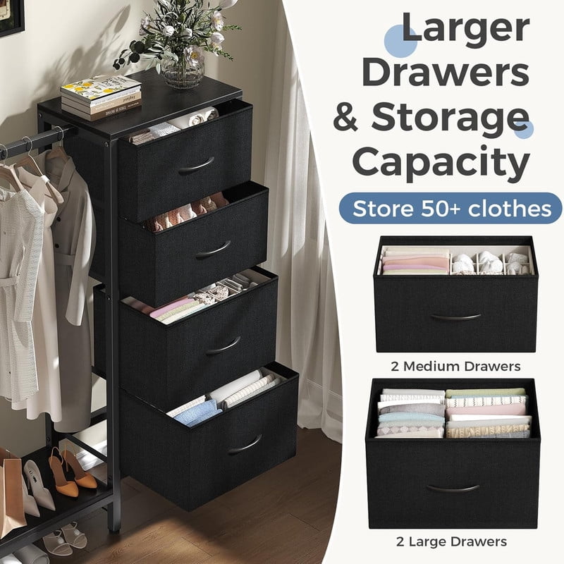 Simenmax 4-in-1 Storage Tower with Clothes Rack, Tall Garment Rack with Shoe Shelf and Bag Hook, Heavy Duty Organizer for Bedroom Entryway Living Room, Black
