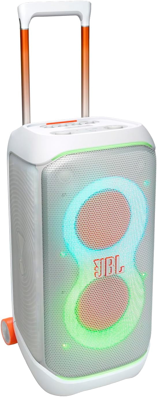 JBL PartyBox Stage 320 - Portable party speaker with wheels - powerful JBL Pro Sound and adaptive futuristic lightshow, synced with your music - White