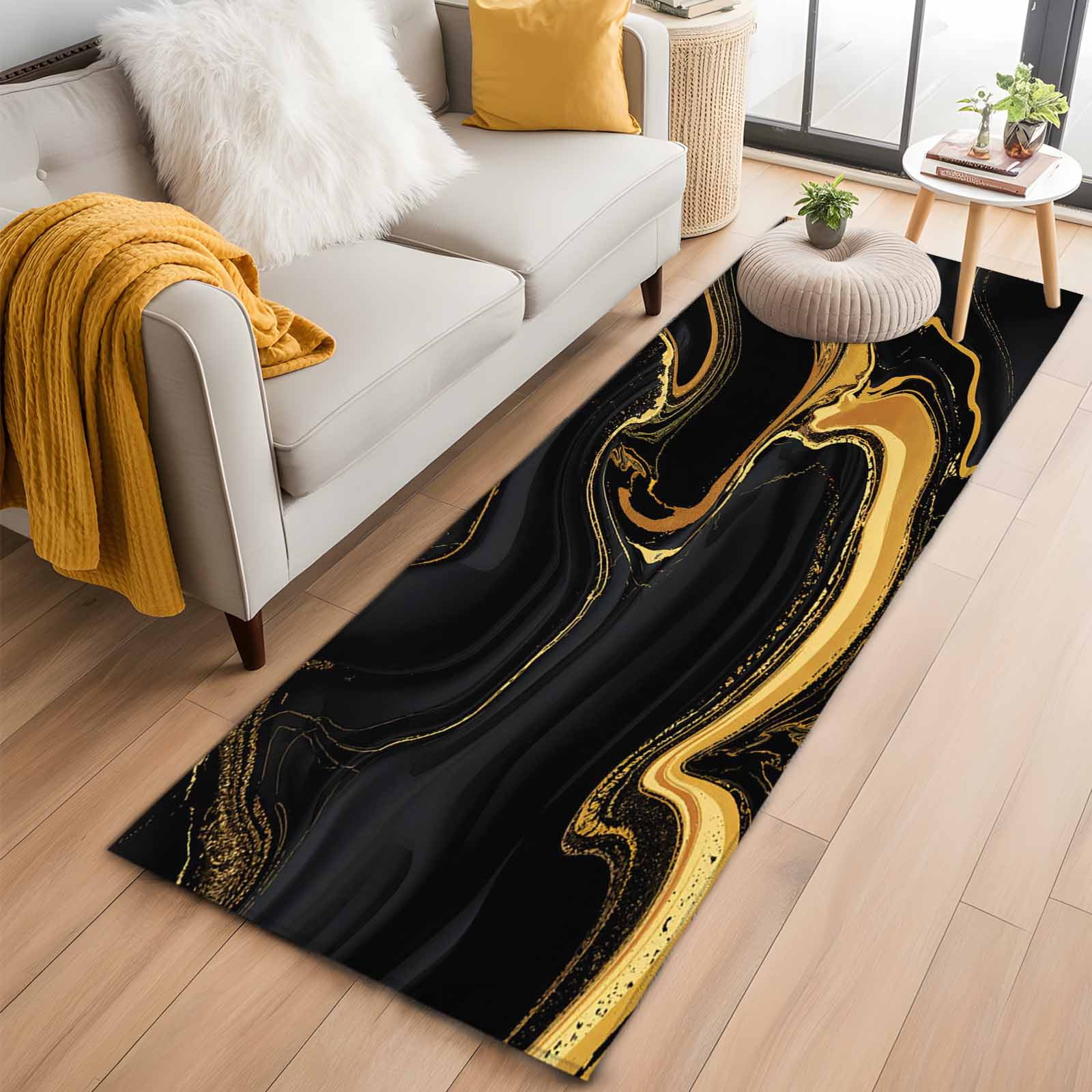 Black Gold 2x6 Runner Rug for Hallway Walkway Kitchen Galley, Marble Luxury Abstract Abstract Fluid Texture Low Pile Washable Non Slip Long Area Rug