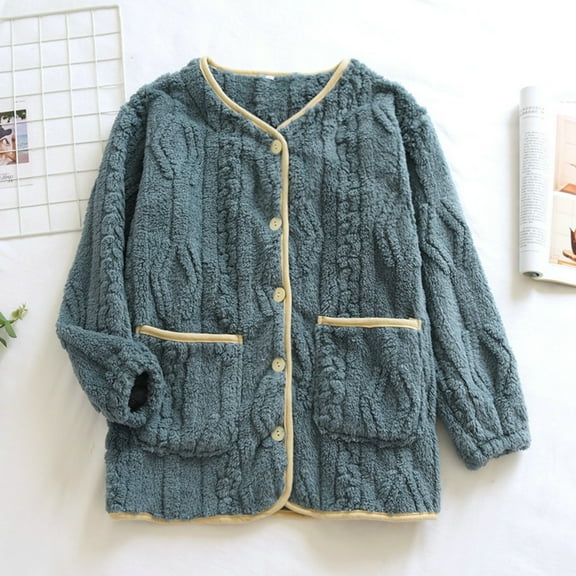 FDGIU Women's Fleece Pajama Jacket‌, Oversized V-Neck Cardigan Coat with Pockets, Cozy Winter Sleepwear & Loungewear