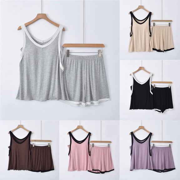 YHAJDS Womens 2 Piece Set Summer Lounge Outfits Sleeveless V Neck Color Top with Built In Bra Shorts