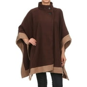 Womens Dark Brown With Camel Trim Open Front Button Winter Fleece Caftan Poncho Coat