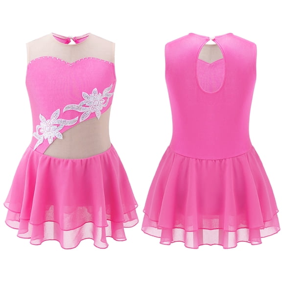 DPOIS Kids Girls Sequins Figure Ice Skating Dress Sleeveless Floral Tulle Dance Dress