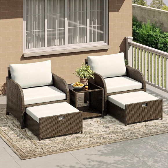 Ensemble de Conversation en Rotin pour Patio Extérieur de 5 Pcs avec Table Basse en Verre, Ensemble de Meubles en Osier, Chaises en Rotin avec Ottomans et Repose-Pieds, Coussins Épais et Doux pour Jardin, Cour Arrière, Véranda