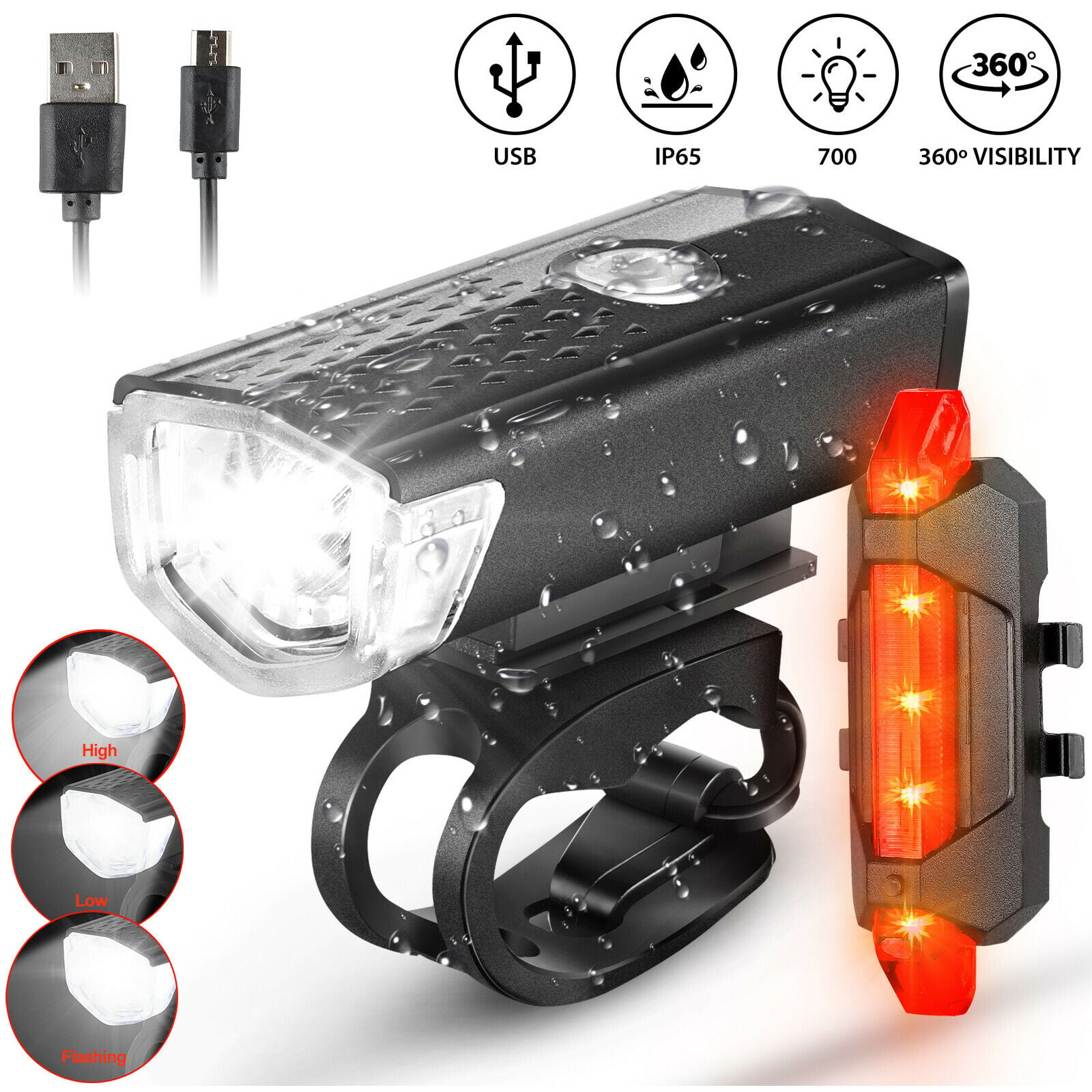 USB Rechargeable LED Bicycle Bike Front Rear Light Set Headlight Taillight Lamps