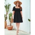 thumbnail image 6 of Plus Size Women Casual Dress Square Neck Puff Sleeve Smocked Waist Flowy Short Dress for Vacation Black L, 6 of 9