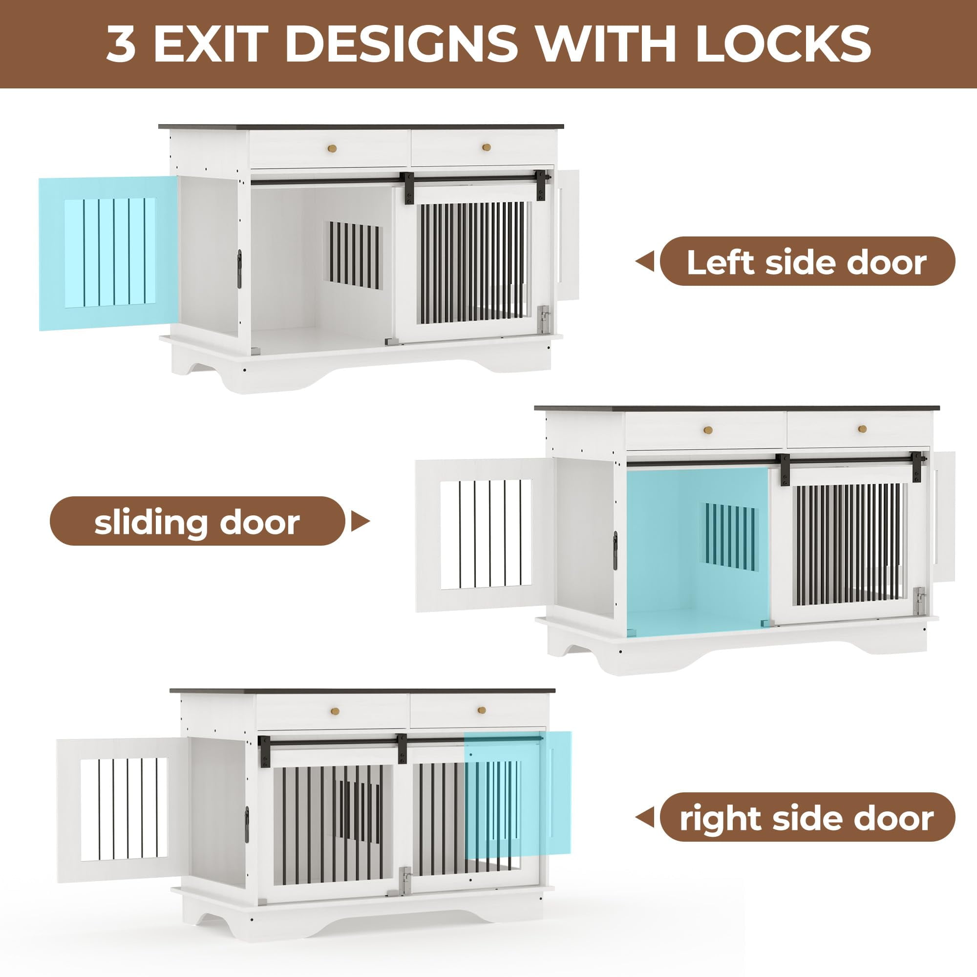 Litake Dog Furniture Crate, 47" Large Dog Crate Furniture w/ 2 Storage Draws & Removable Divider for Large/Medium/Small Dogs, White