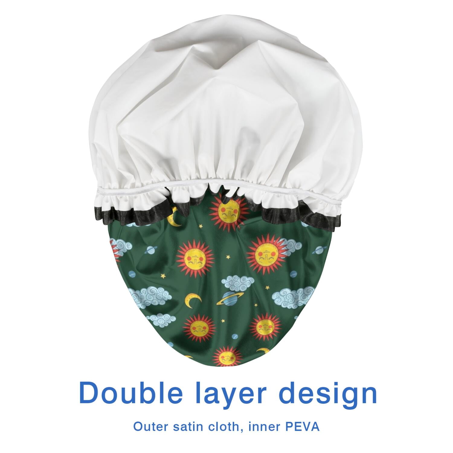 Shower Caps,Green Sun Moon Cloud Planet Pattern Waterproof Shower Cap for Women 4 Pieces,Double Reusable Hair Cover for Shower PEVA Elastic Stretch Hem