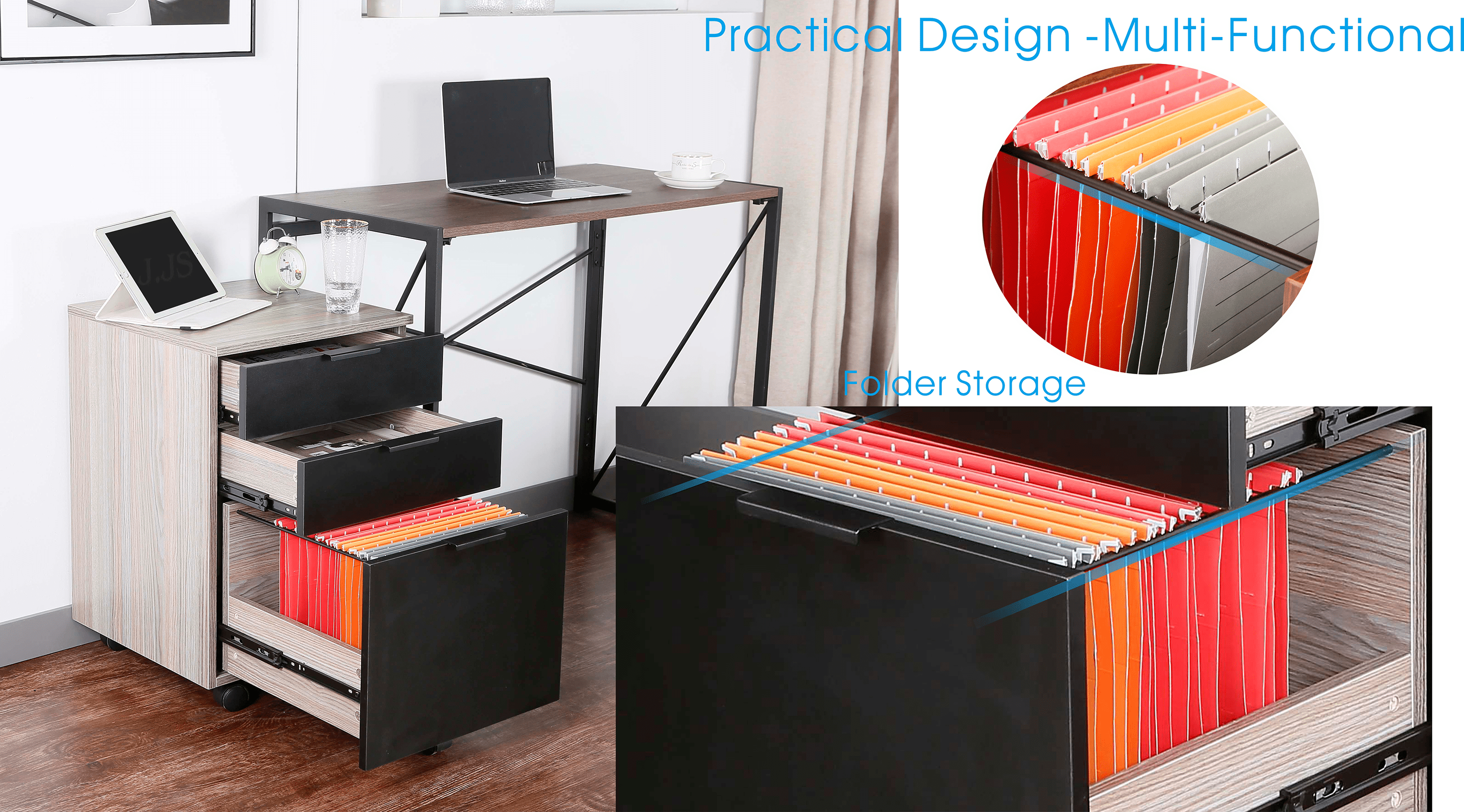 JJS 3 Drawer Rolling Wood File Cabinet with Locking Wheels for A4 or Letter Size Black Drawer