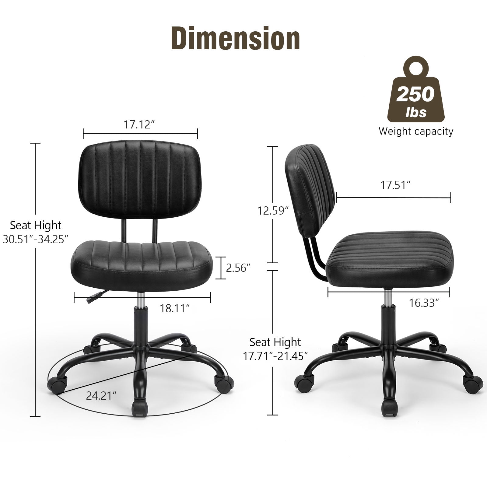 Gianna Armless Office Chair – Adjustable Rolling Task Chair with Lumbar Support for Comfortable All-Day Sitting, Black