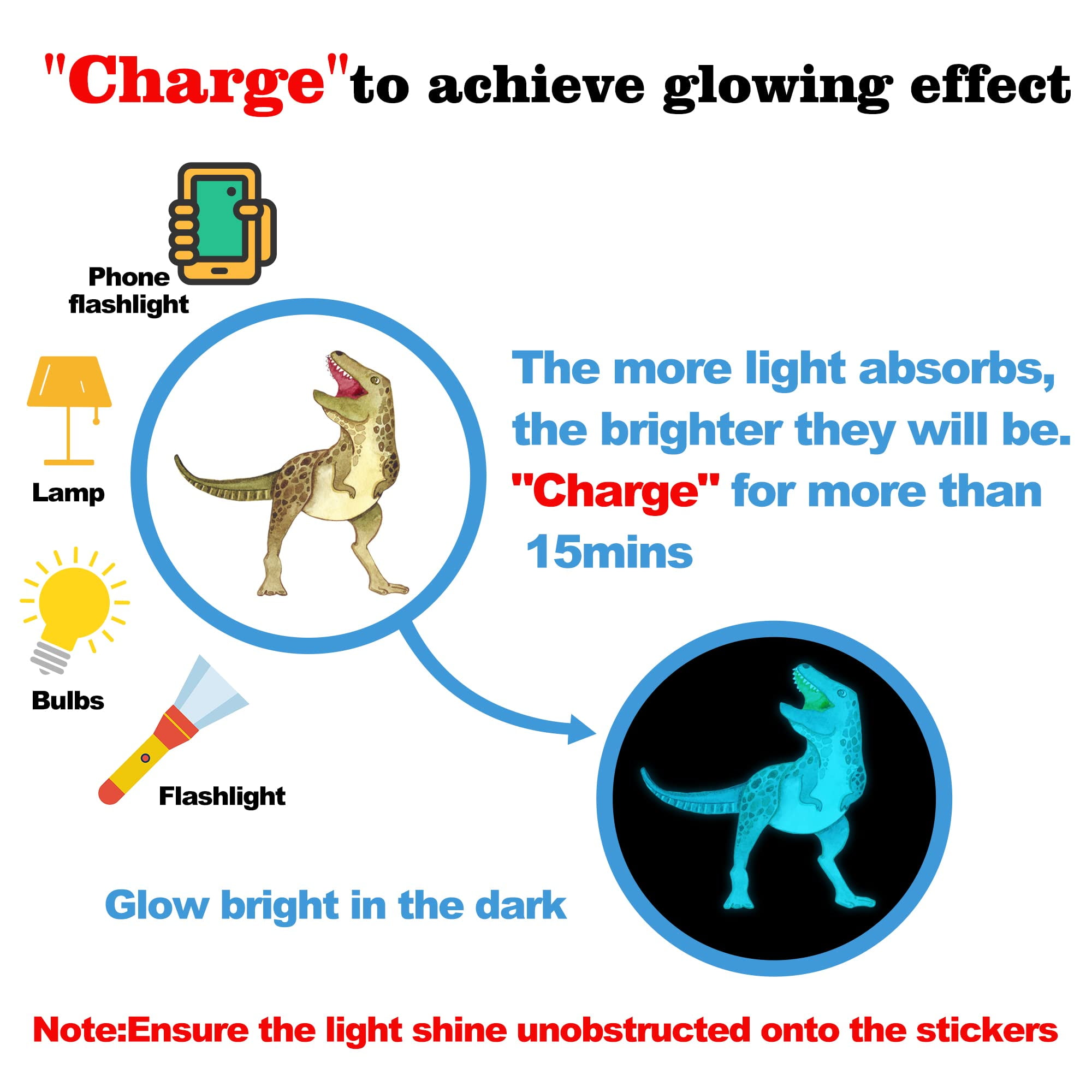 Glow in The Dark Dinosaur Wall Decals, Glowing Stickers for Ceiling, Boys Bedroom Decoration, Large Luminous Removable Dinosaur Wall Decor for Nursery Birthday Gift