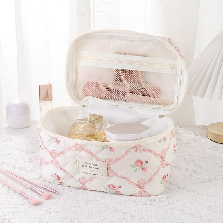 3Pcs Cotton Quilted Makeup Bag Large Travel Cosmetic Bag Coquette