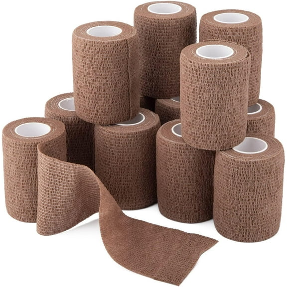 12PCS Pack Self Adherent Cohesive Wrap Bandages, 5 Yards Elastic First Aid Tape Medical Vet Wrap (Brown, 3"x5yd/ 7.5cmx4.5m)