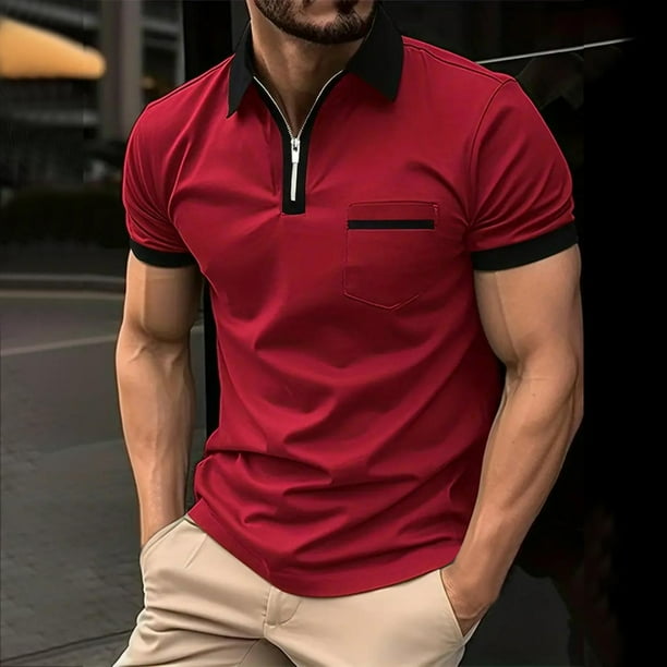 pstuiky Mangas cortas para hombre, Camisa deportiva de manga corta con solapa y cremallera a rayas para hombre camisas casuales para hombre s