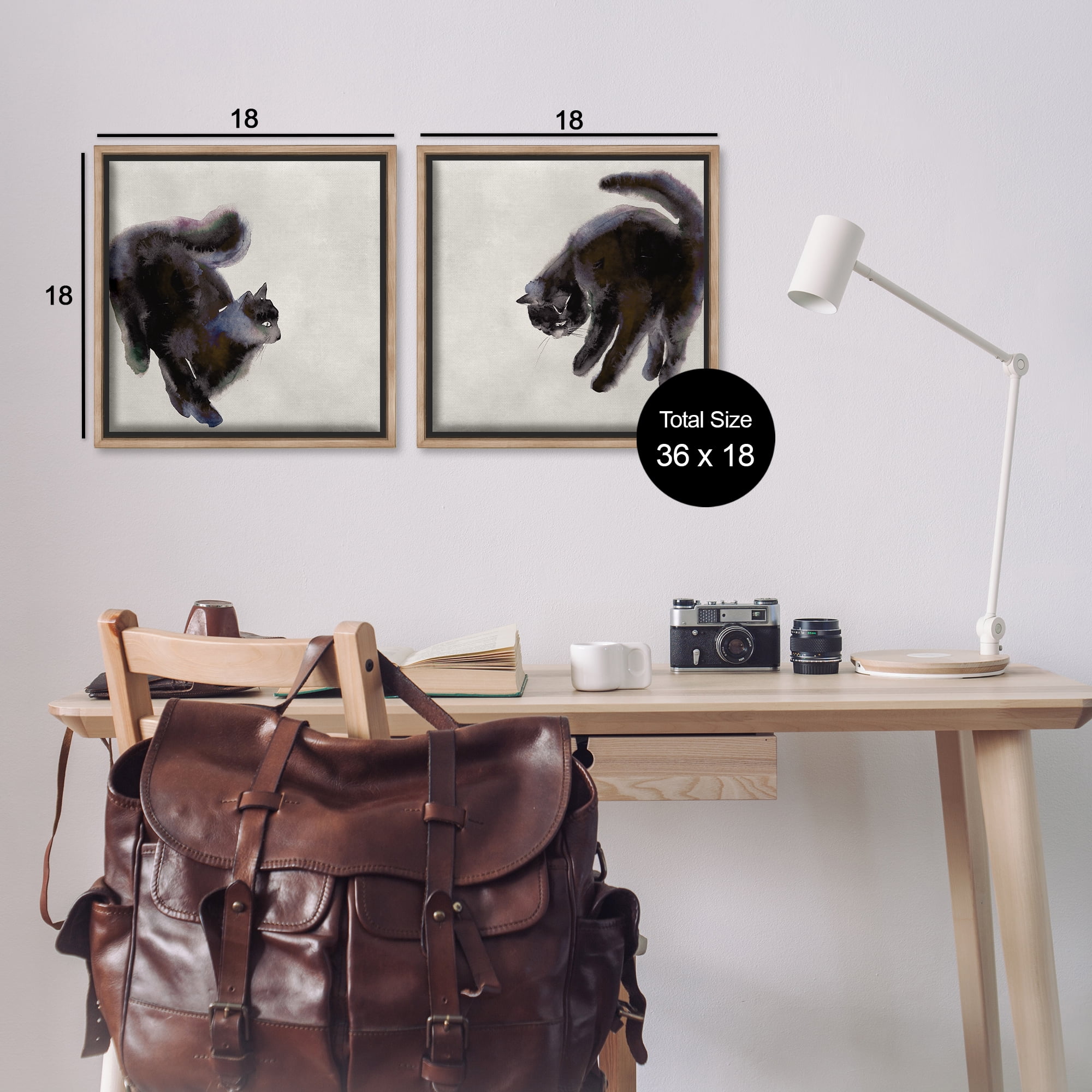 Stupell Industries Fuzzy Black Cats on Beige Animals Painting Brown Floater Framed Canvas Art Print Wall Art, 18 x 18, Set of 2