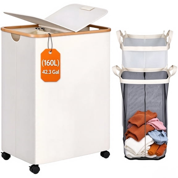 Naeqieo 160L Laundry Hamper with 2 Lid and Wheels, Double Laundry Basket with 2 Removable Bags & Handles for Bedroom, Bathroom & Laundry Room, Beige
