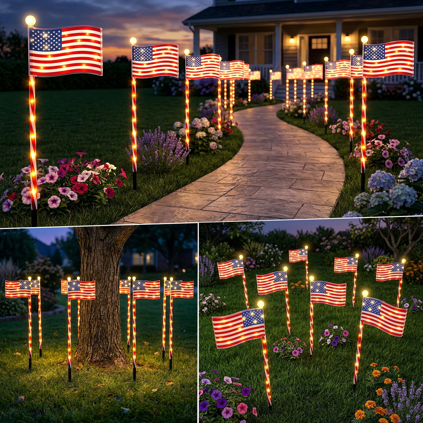 4 Pack Solar American Flag Lights Outdoor LED Patriotic Flag Stake Lights with Remote 2 Modes Dimmable Rechargeable 4th of July Decorations for Yard Garden Lawn America 250
