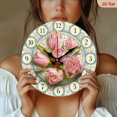 thumbnail image 2 of 2D Flat 1pc 10Inch Tulip-Themed Wooden Round Wall Clock - Pink Dutch-Inspired Farmhouse Decor with Large White Hands, Golden-Tone Numbers, 10 Incn - Easy-to-Read Non-Ticking Clock f, 2 of 7