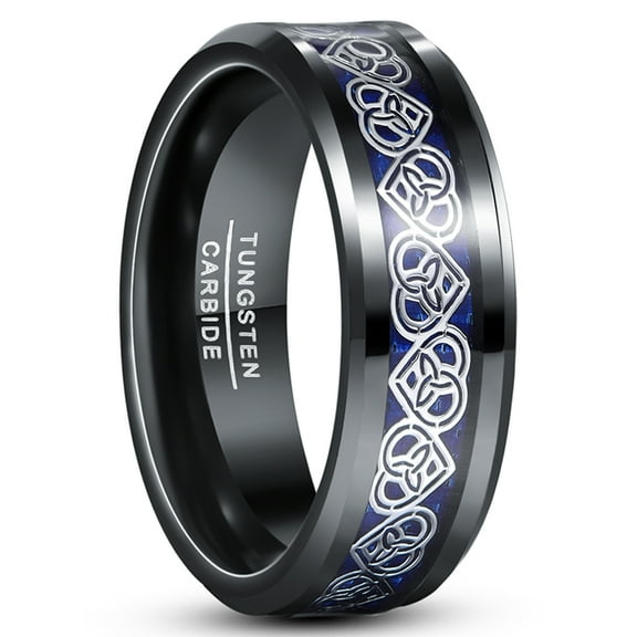 8mm Men's Black and Blue Tungsten Ring Heart Shape Celtic Knot Wedding Band Size 7-12