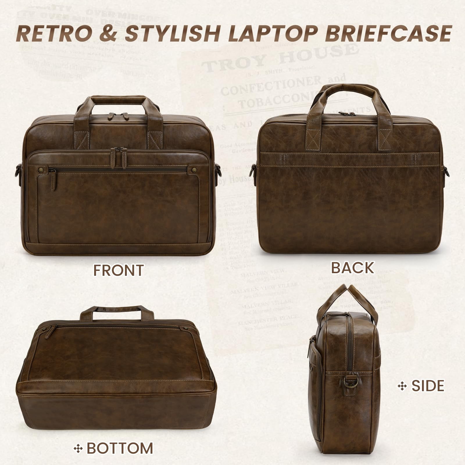 RAINSMORE Mens Laptop Bag 16 Inch Leather Briefcase Vintage Messenger Bag for Men Large Crossbody Shoulder Office Computer Bag Retro College Satchel Bag for Work, Business,Travel,Browm