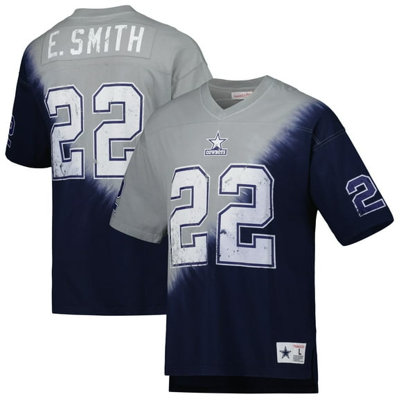 Men's Mitchell & Ness Emmitt Smith Navy/Gray Dallas Cowboys Retired Player Name & Number Diagonal Tie-Dye V-Neck T-Shirt