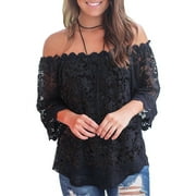 MIHOLL Women's Off Shoulder Lace Tops Casual Loose Blouse 3/4 Sleeve Elegant Shirts Tops Black M