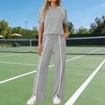 thumbnail image 2 of Dazajoo Womens Two Piece Track Suit Crew Neck Short Sleeve Tops Matching Drawstring Waist Wide Leg Pants with Pockets Casual Outdoor Lounge Sets,Gray,XL, 2 of 7