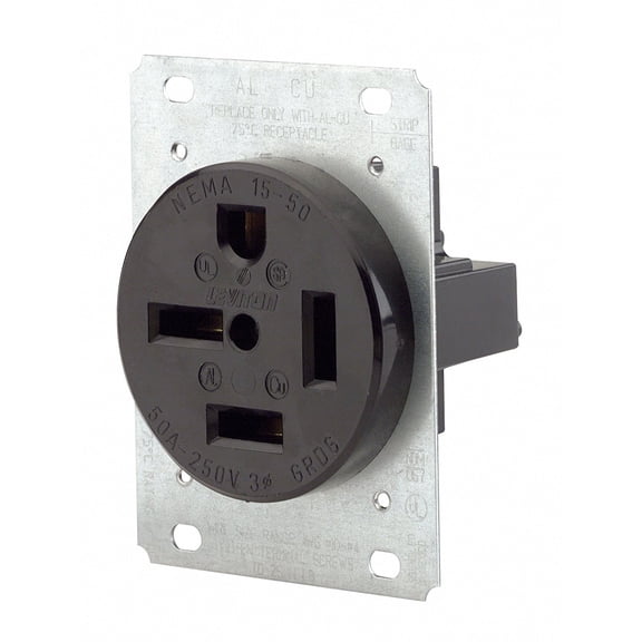 Leviton 8450 50 Amp, 250 Volt, Flush Mounting Receptacle, Straight Blade, Industrial Grade, Grounding, Black