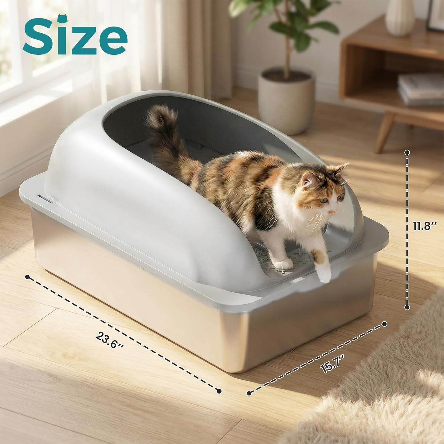 Atilioo Stainless Steel Cat Litter Box with Lid, Metal Litter Pan High Sided, Anti-Urine Leakage, Easy Clean, Never Absorbs Odors, Include Scoop & Mat, Light Gray
