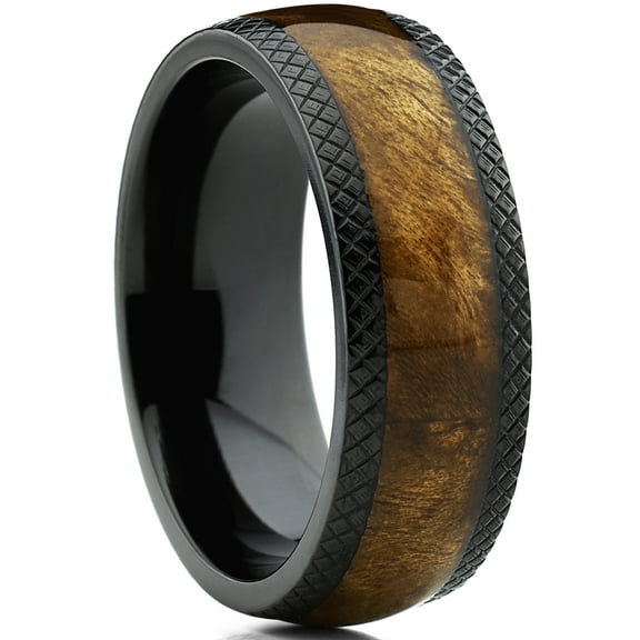 Metal Masters Mens Dome Black Titanium Wedding Band Ring Marble Brown Wood Inlay Comfort-Fit 8mm