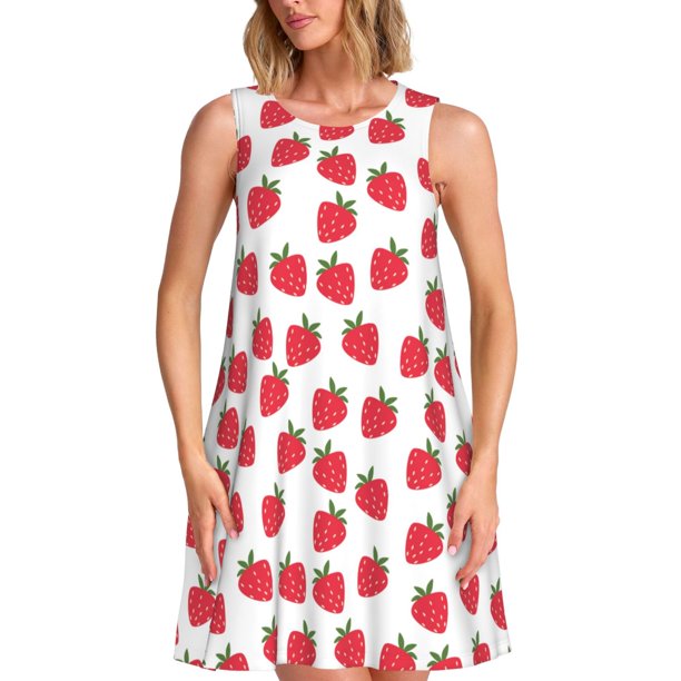 Fotbe Cartoon Strawberry Vestido de Verano sin Mangas para Mujer – Vestido Midi Línea A, Estilo Camiseta Floral, Vestido Playero Casual y Fluido