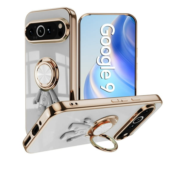Decase Compatible with Google Pixel 9 / 9 Pro Case w/ Ring Stand Plating Astronaut Pattern 360°Rotatable Ring Holder,for Pixel 9 / 9 Pro Phone Case Silicone Shockproof Protective Slim Cover,White
