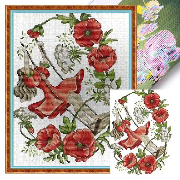 Hilo Algodón Bordado 14CT Punto Cruz Impreso Hada Las Flores Enero 33x41cm