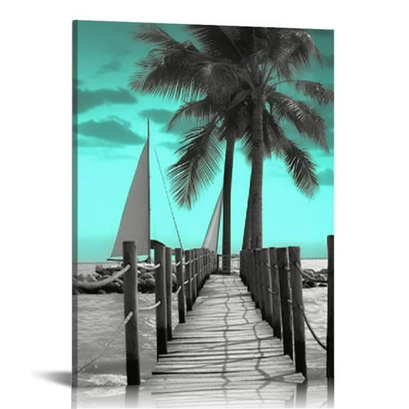 COMIO Teal Canvas Wall Art Summer Ocean Lighthouse Painting Palm Tree Surfboard Pictures Framed , Coastal Beach Tropical Artwork for Bathroom Bedroom Living Room Home Office Wall Decor 16x20 inch