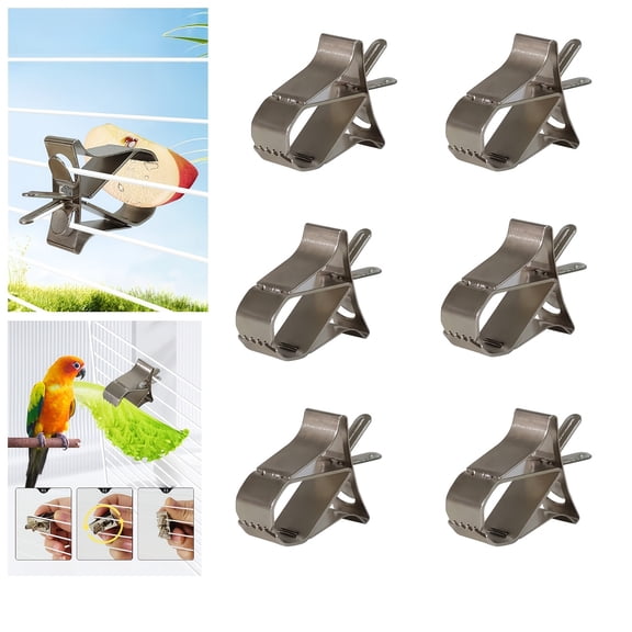 6 Pack Metal Bird Fruit Vegetable Clip, 1.85" x 1.25" Stainless Steel Parrot Feeder Holder, Easy Installation Cage Food Clamp for Small Birds