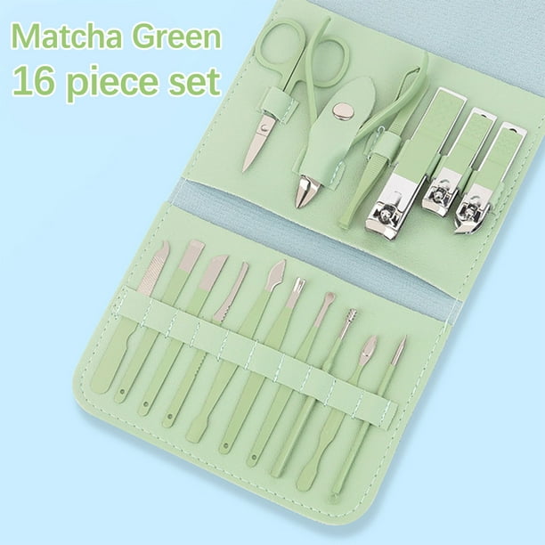 Cortauñas 16 piezas/juego. Set de cortauñas, herramienta de maquillaje y belleza. Incluye estuche plegable y kit de cortauñas de acero inoxidable.