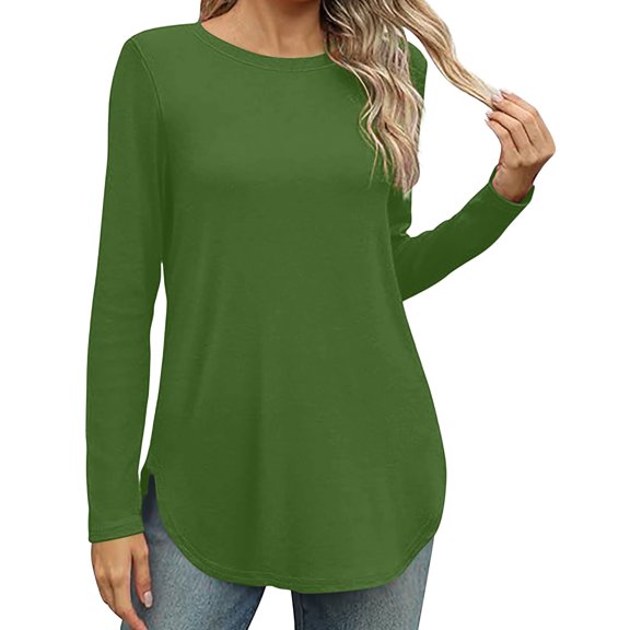 OKSALE Curved Hem Shirts for Women Casual Round Neck Shirt Cozy Long Sleeve Tee Blouses Solid Color Blouse Lightweight Soft Fall Tops 2025