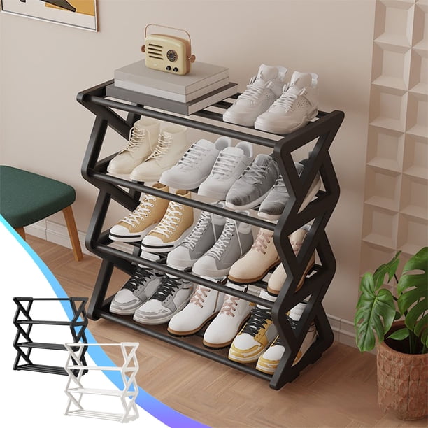 Organizador de zapatero Estante de almacenamiento de plástico de 4 niveles | Armario de entrada Zapatero para dormitorio | Robusto que ahorra espacio en blanco o negro | Diseño de lamas ventiladas