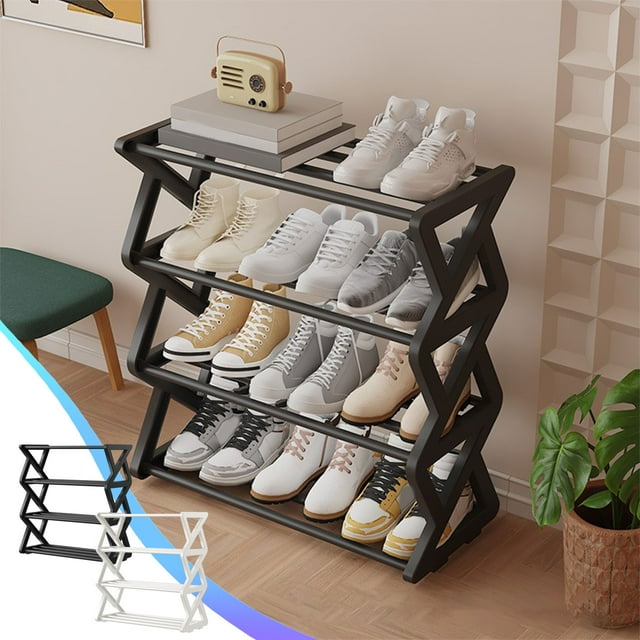 Zapatero de 4 Niveles - Zapatero de Plástico para Armario, Entrada y Dormitorio - Blanco y Negro - 51 X 46 X 22 Cm (20 X 18 X 8,66 Pulgadas) - Fácil Montaje Sin Herramientas