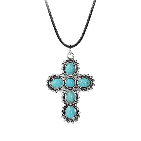 Vintage Cross Pendant Necklace Handmade Neck Chain Gothic Turquoise Choker