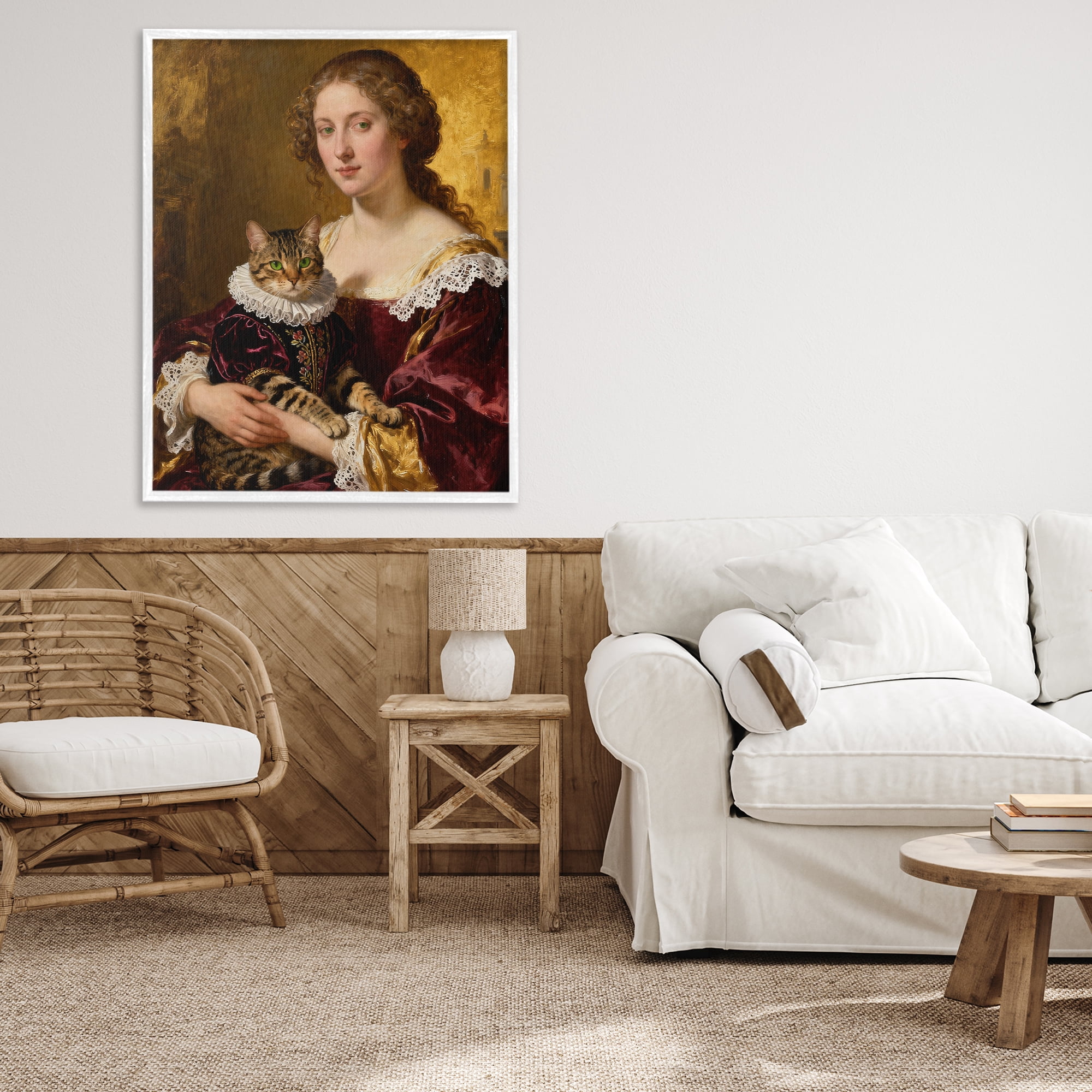 Stupell Industries Renaissance Lady with Regal Cat White Framed Giclee Art, design by CAD Designs
