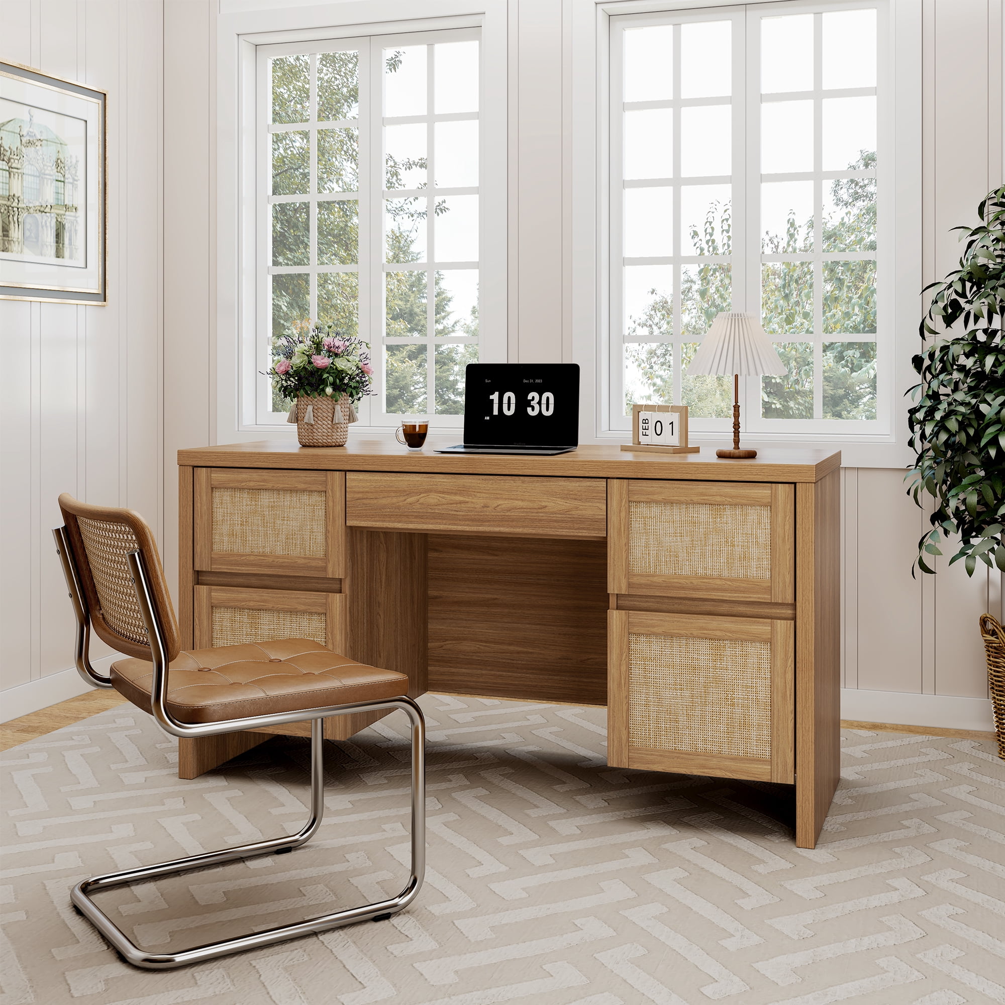 Brafabhome 57" Rattan Executive Desk with 5 Storage Drawers, Modern Study Writing Table Wooden Computer Desks with Charging Station for Home Office Bedroom | Oak