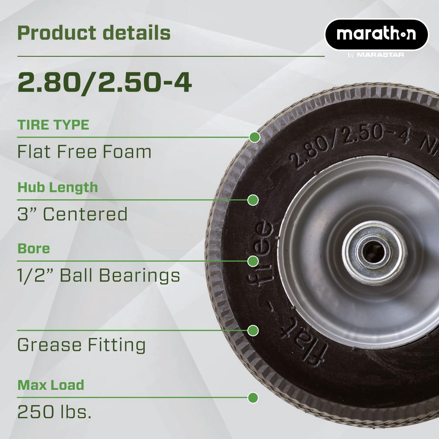 Marathon 00026 Flat Free 2.80/2.50-4 Tire and Wheel Assembly, 3” Centered Hub, 1/2” Ball Bearings, Replacement Tire for Casters, Utility Carts and Other Equipment, Easy Install Assembly CA1
