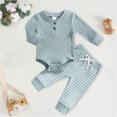 thumbnail image 3 of Xudanell Baby Boy Outfits 0 3 6 12 18 24 Months Knit Long Sleeve Knit Solid Button Down Romper Stripes Pants Fall Clothes, 3 of 4