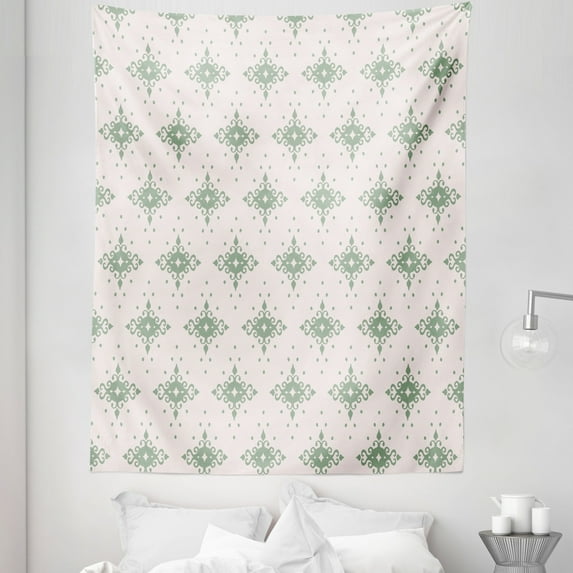 Boho White Tapestry, Ornamental Damask Pattern Ethnic Floral Motif Illustration, Fabric Wall Hanging Decor for Bedroom Living Room Dorm, 5 Sizes, Ivory and Pale Reseda Green, by Ambesonne