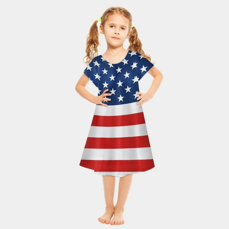 

aoksee 4th of July Dresses for Girls American Flag Patriotic short Sleeve Independence Day Midi Dress comfortable to wear for party summer saving clearance